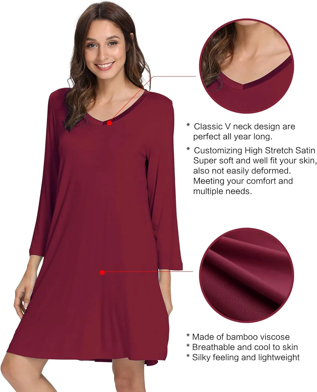 WiWi Nightgowns for Women Soft Long Sleeve Nightgown Plus Size Sleep Shirt Pajama Gown Viscose from Bamboo S-4X