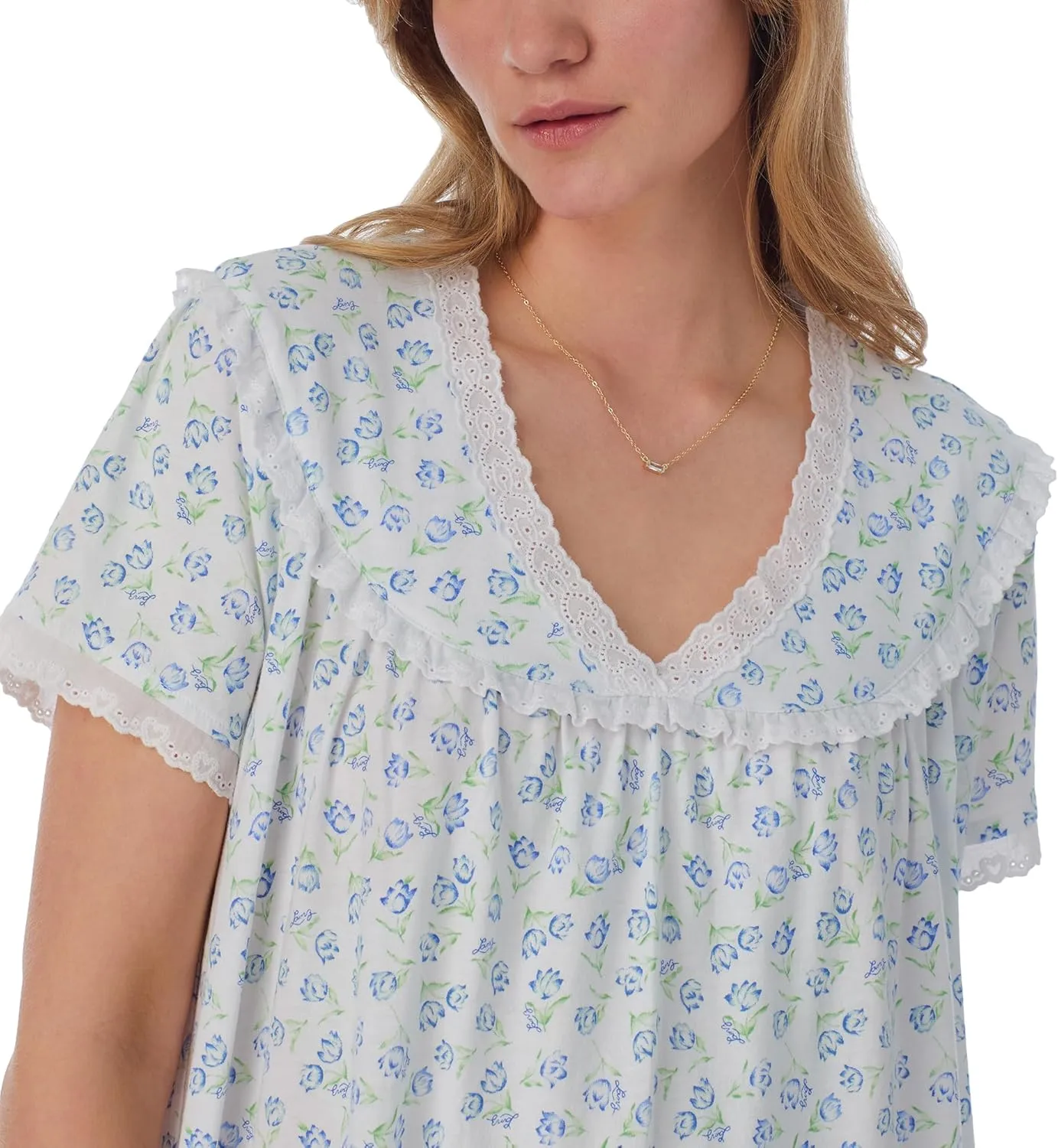Women's 100% Cotton Knit Waltz Nightgown, Short Sleeves, Pintuck Neckline, Ruffle Hem, 40” Length