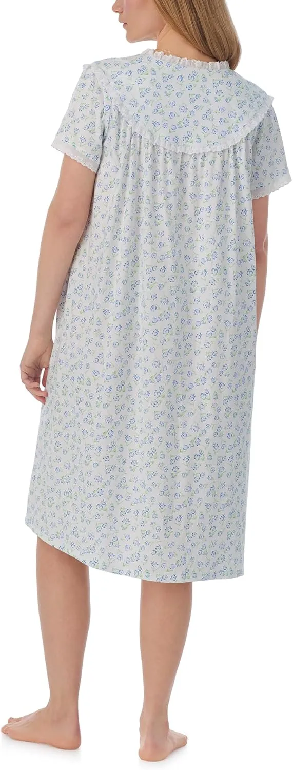 Women's 100% Cotton Knit Waltz Nightgown, Short Sleeves, Pintuck Neckline, Ruffle Hem, 40” Length