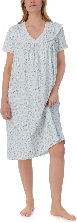 Women's 100% Cotton Knit Waltz Nightgown, Short Sleeves, Pintuck Neckline, Ruffle Hem, 40” Length