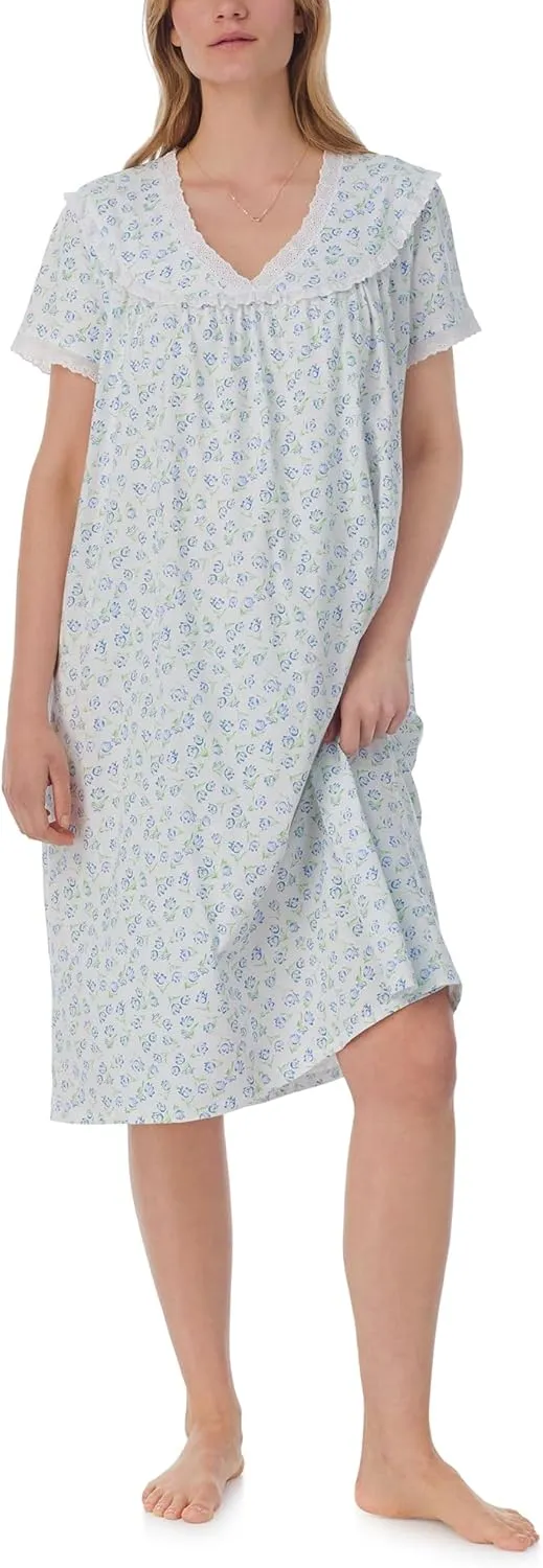 Women's 100% Cotton Knit Waltz Nightgown, Short Sleeves, Pintuck Neckline, Ruffle Hem, 40” Length