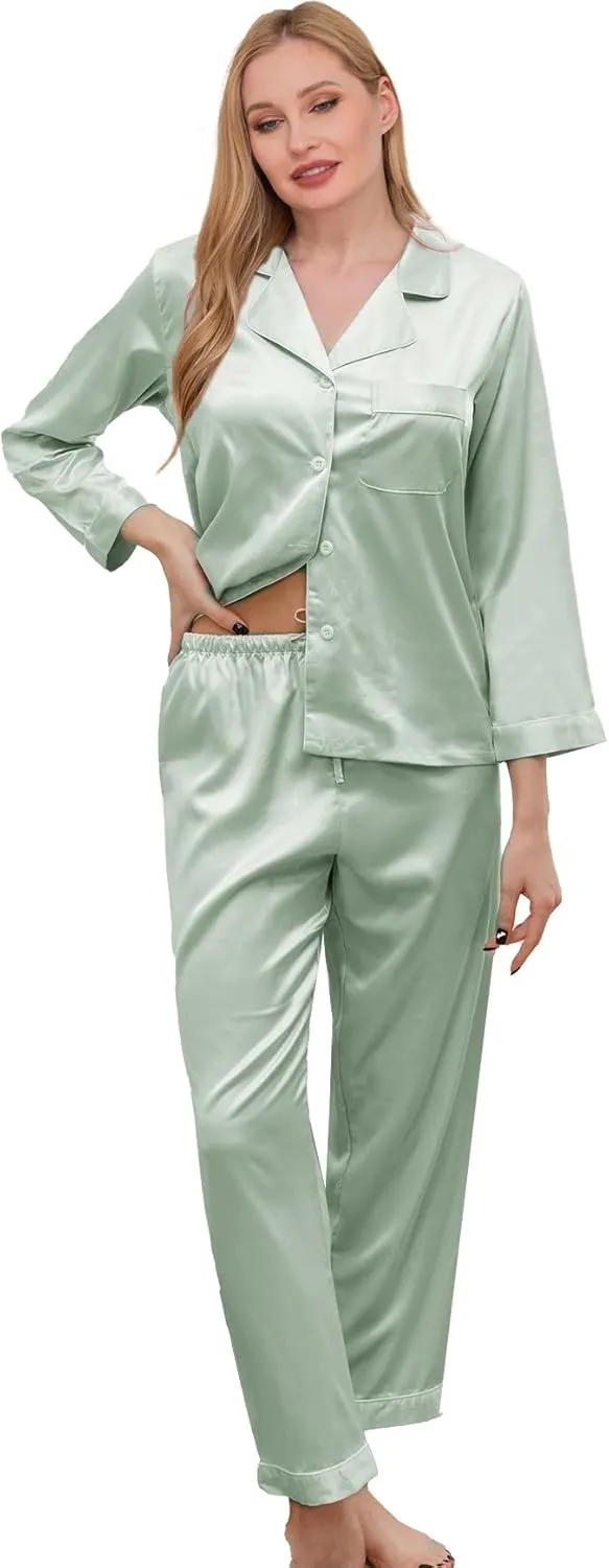 Womens 3Pcs Silk Satin Pajamas Long Set Sexy Cami Top Pajama Sleepwear Silky Pj Sets Loungewear Pjs XS-4XL