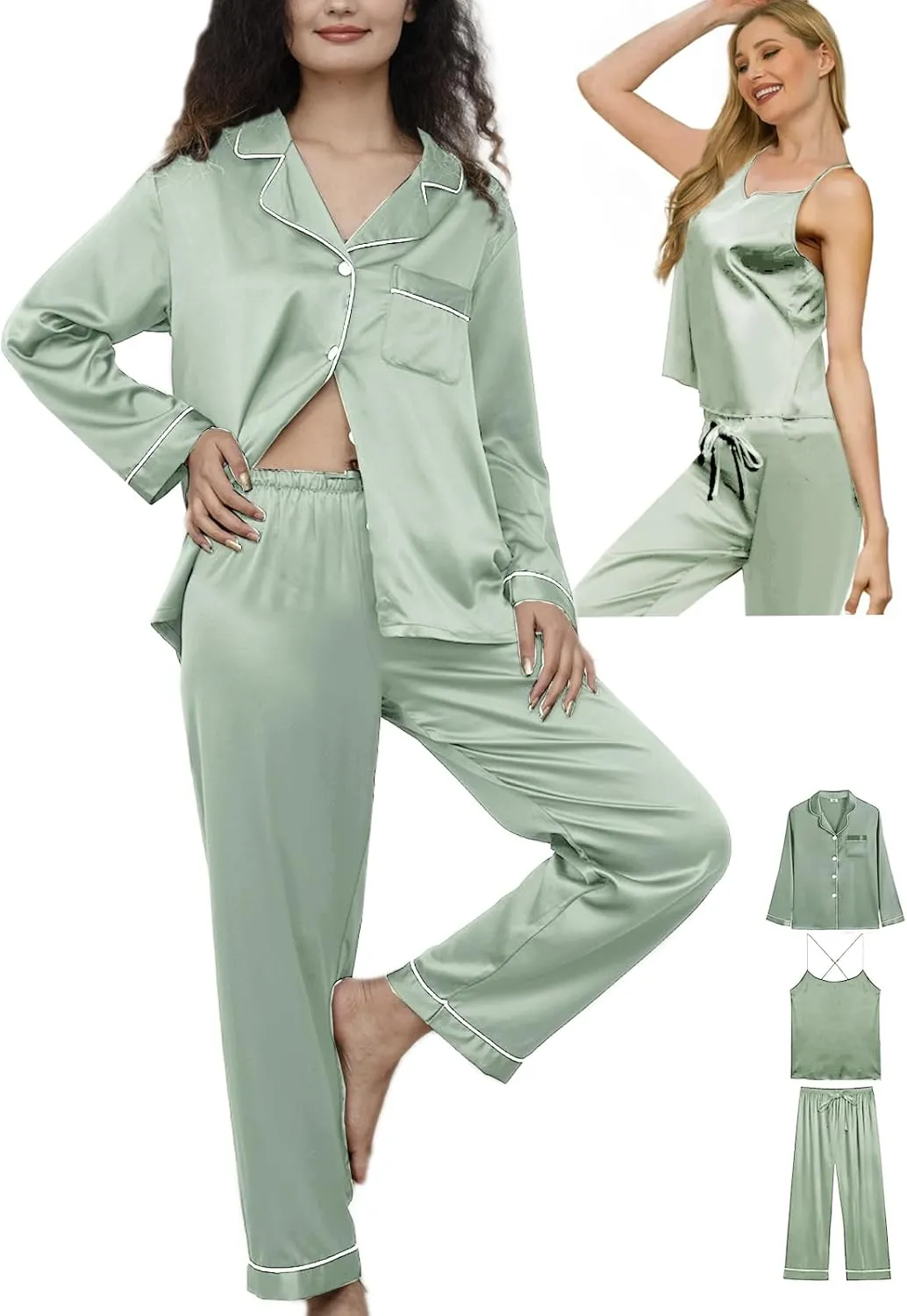 Womens 3Pcs Silk Satin Pajamas Long Set Sexy Cami Top Pajama Sleepwear Silky Pj Sets Loungewear Pjs XS-4XL