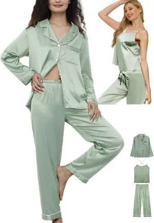 Womens 3Pcs Silk Satin Pajamas Long Set Sexy Cami Top Pajama Sleepwear Silky Pj Sets Loungewear Pjs XS-4XL