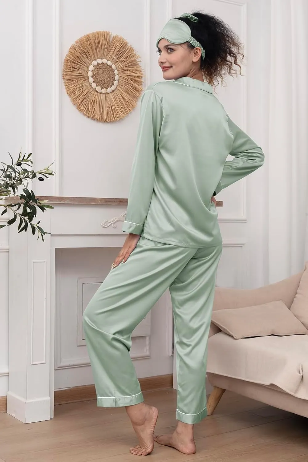 Womens 3Pcs Silk Satin Pajamas Long Set Sexy Cami Top Pajama Sleepwear Silky Pj Sets Loungewear Pjs XS-4XL