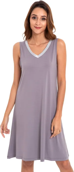 Womens Bamboo-Derived Viscose Nightgowns Soft Sleeveless V Neck Nightdress Lightweight Sleep Shirt S-4XP
