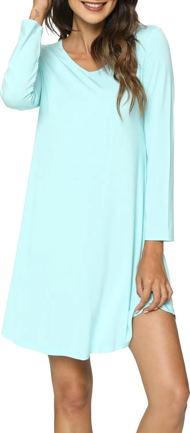 Womens Bamboo Viscose Long Sleeve Nightgown Super Soft Lightweight Night Shirts for Sleeping