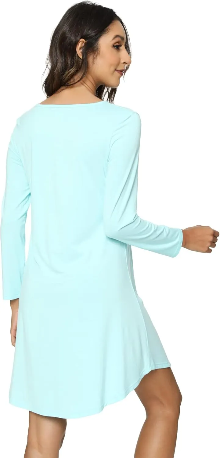 Womens Bamboo Viscose Long Sleeve Nightgown Super Soft Lightweight Night Shirts for Sleeping