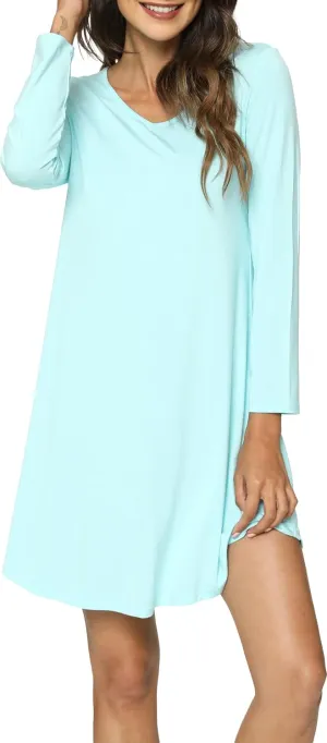 Womens Bamboo Viscose Long Sleeve Nightgown Super Soft Lightweight Night Shirts for Sleeping