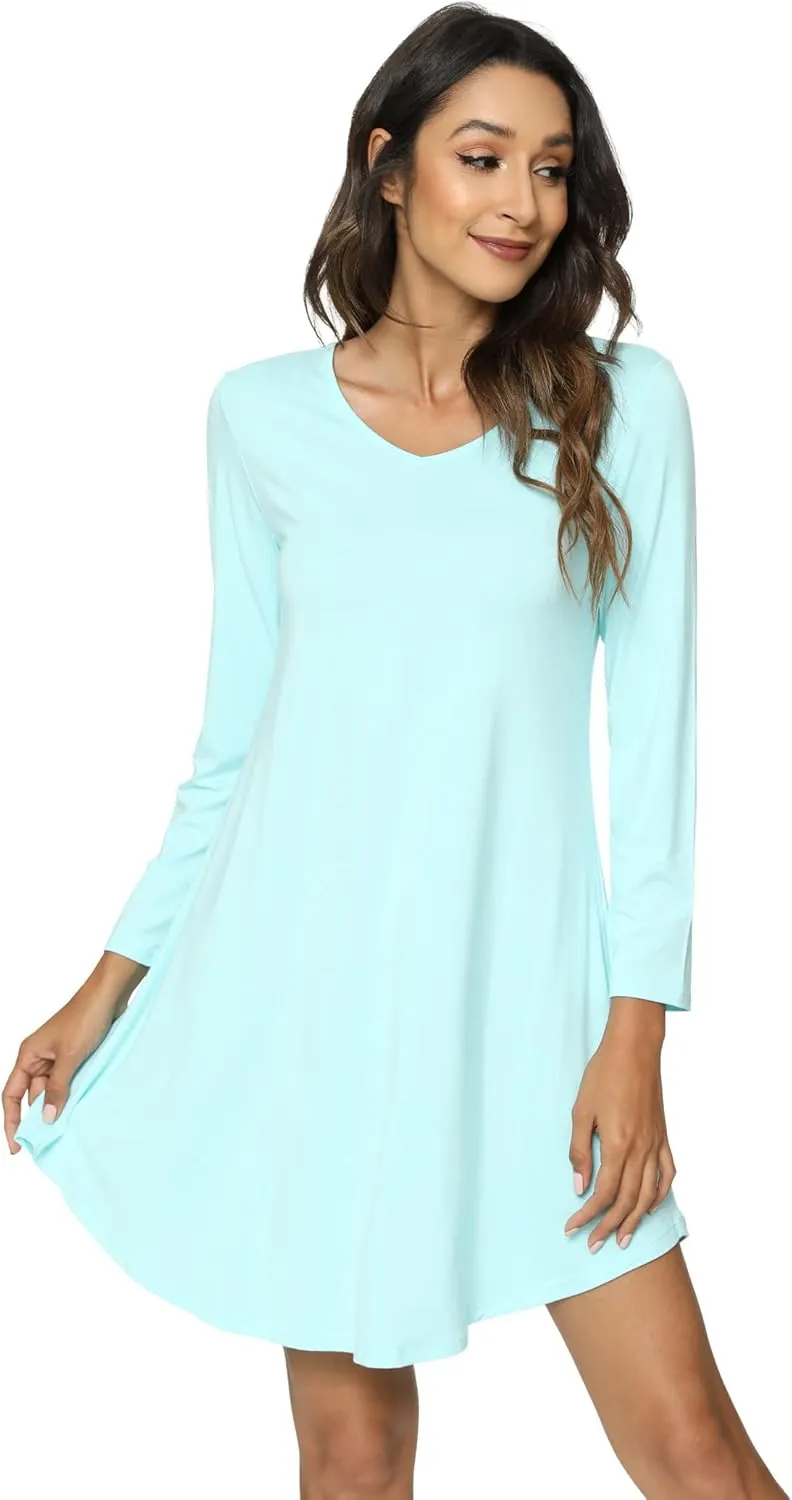 Womens Bamboo Viscose Long Sleeve Nightgown Super Soft Lightweight Night Shirts for Sleeping
