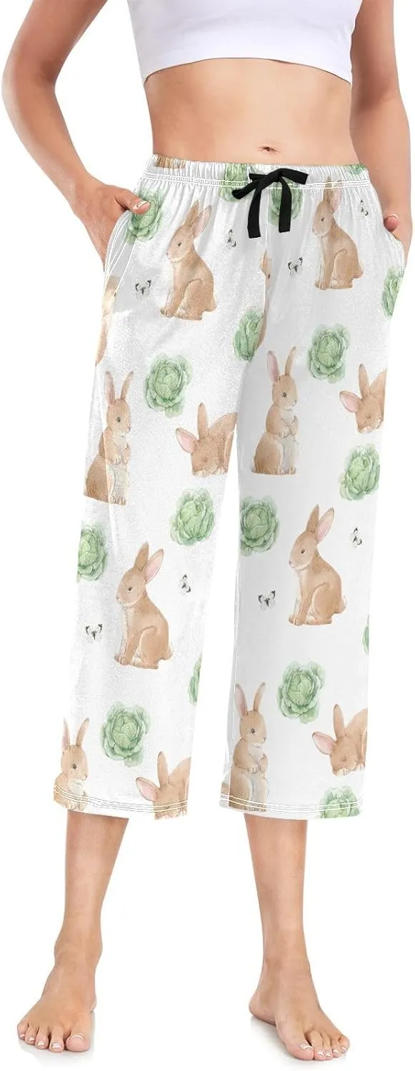 Women's Capri Pajama Bottoms Easter Rabbits Cabbage Summer Drawstring Palazzo Pants for Women L