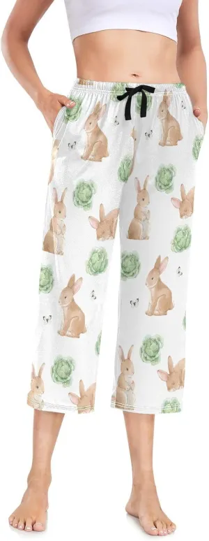 Women's Capri Pajama Bottoms Easter Rabbits Cabbage Summer Drawstring Palazzo Pants for Women L