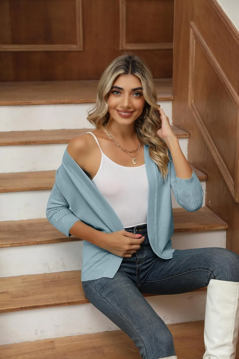 Women's Cropped Cardigans Shrugs for Dresses 3/4 Sleeve Lightweight Hollow Out Crochet Knit Sweater Tops