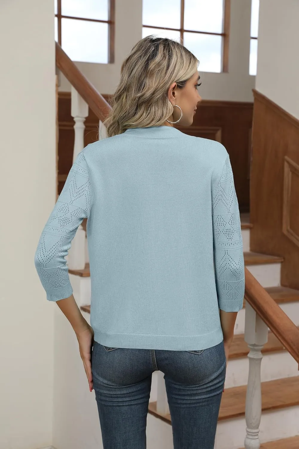 Women's Cropped Cardigans Shrugs for Dresses 3/4 Sleeve Lightweight Hollow Out Crochet Knit Sweater Tops