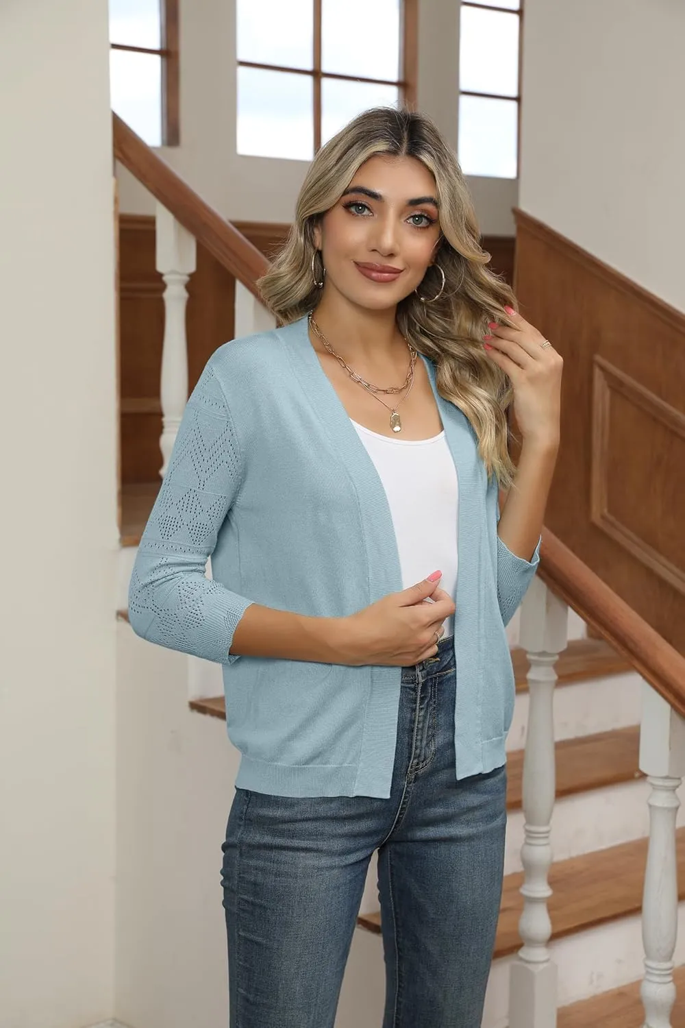 Women's Cropped Cardigans Shrugs for Dresses 3/4 Sleeve Lightweight Hollow Out Crochet Knit Sweater Tops