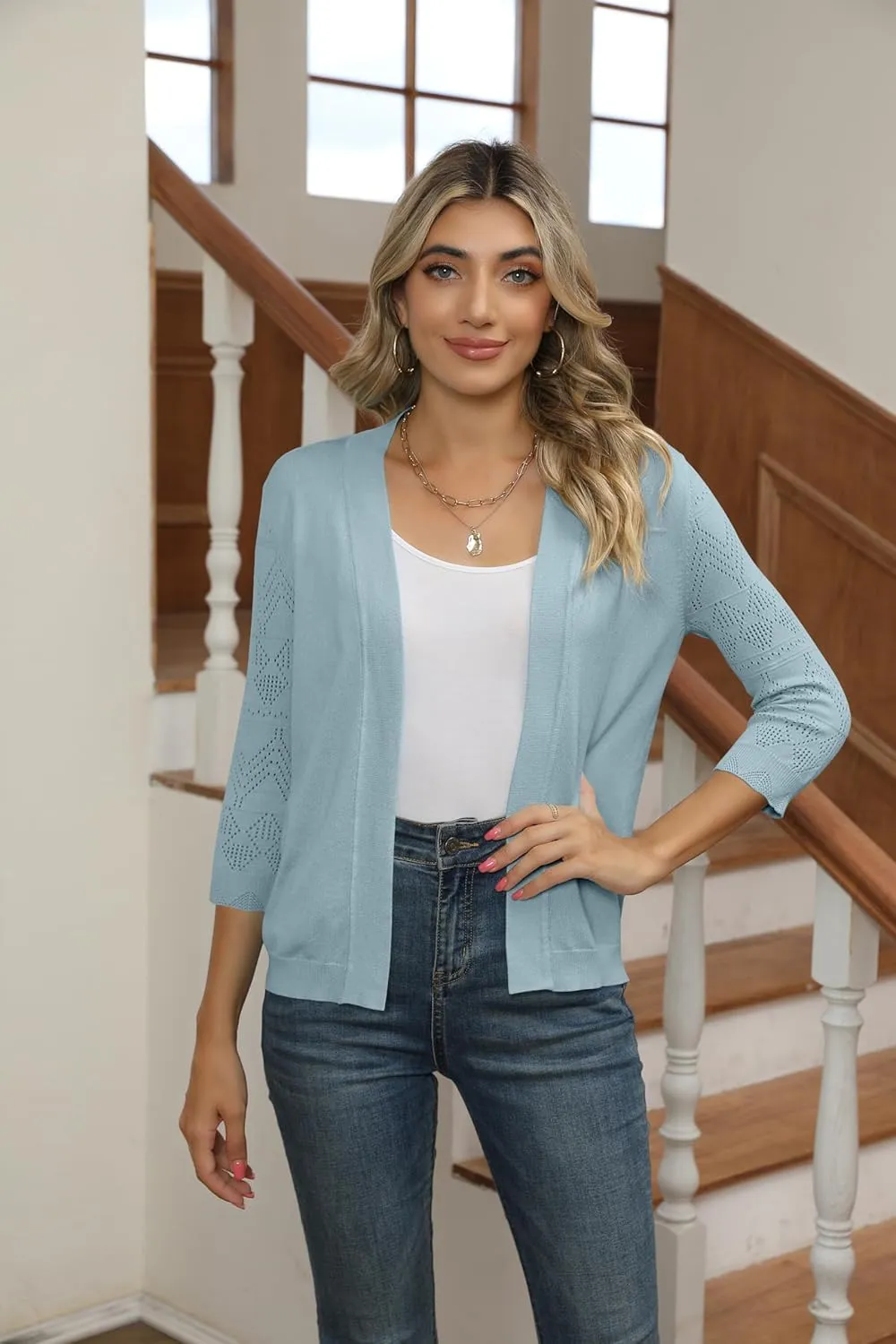 Women's Cropped Cardigans Shrugs for Dresses 3/4 Sleeve Lightweight Hollow Out Crochet Knit Sweater Tops