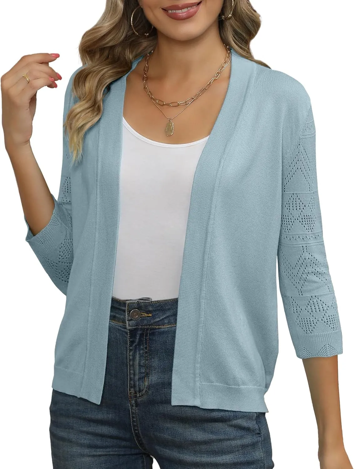 Women's Cropped Cardigans Shrugs for Dresses 3/4 Sleeve Lightweight Hollow Out Crochet Knit Sweater Tops