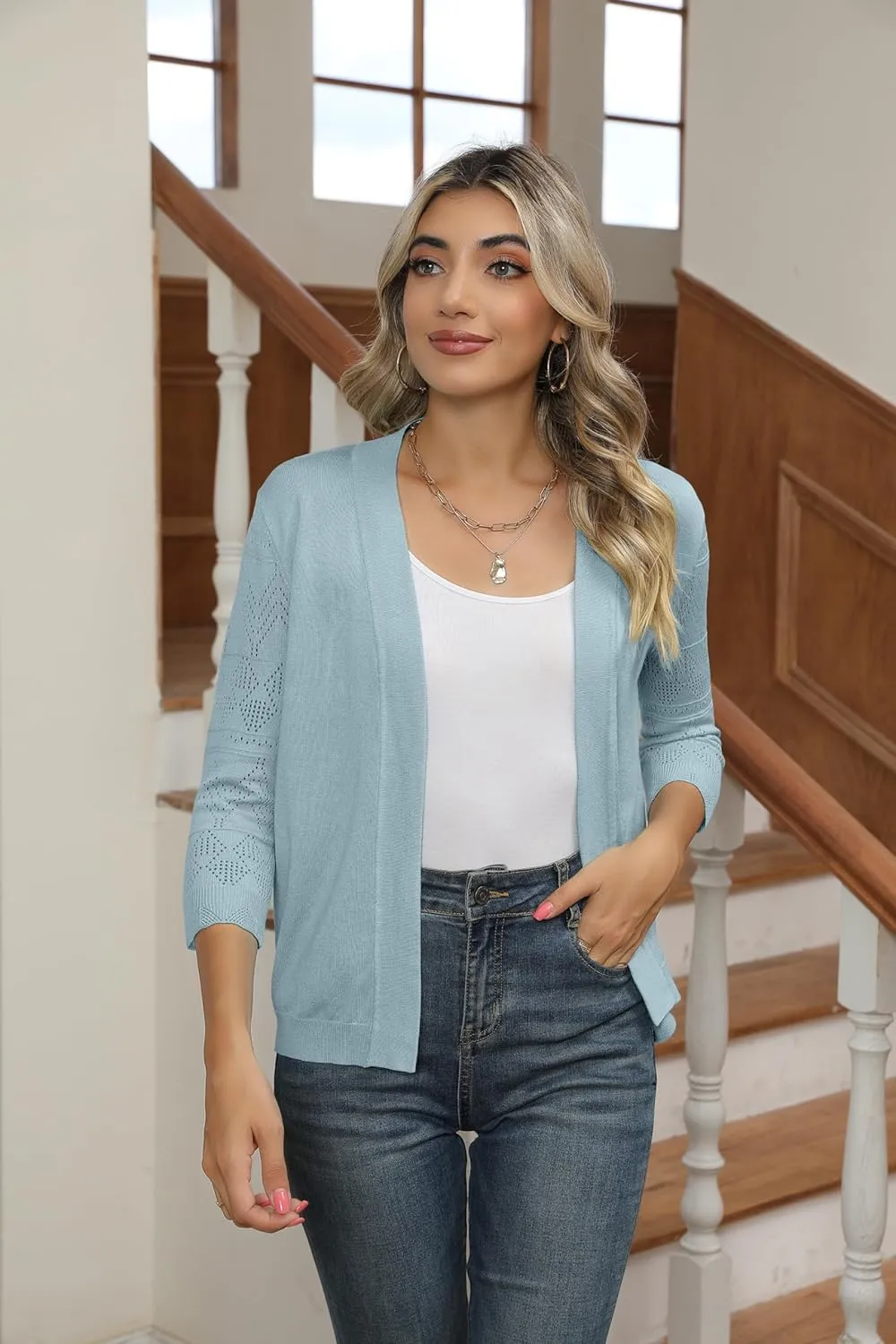 Women's Cropped Cardigans Shrugs for Dresses 3/4 Sleeve Lightweight Hollow Out Crochet Knit Sweater Tops
