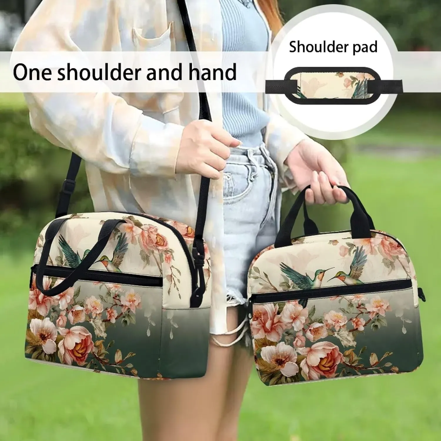 Womens Lunch Bags for Work Small Hibiscus Hummingbird Insulated Lunch Box with Shoulder Strap Leakproof Reusable Lunch Cooler Bag Tote Lunchbox for Women Girls