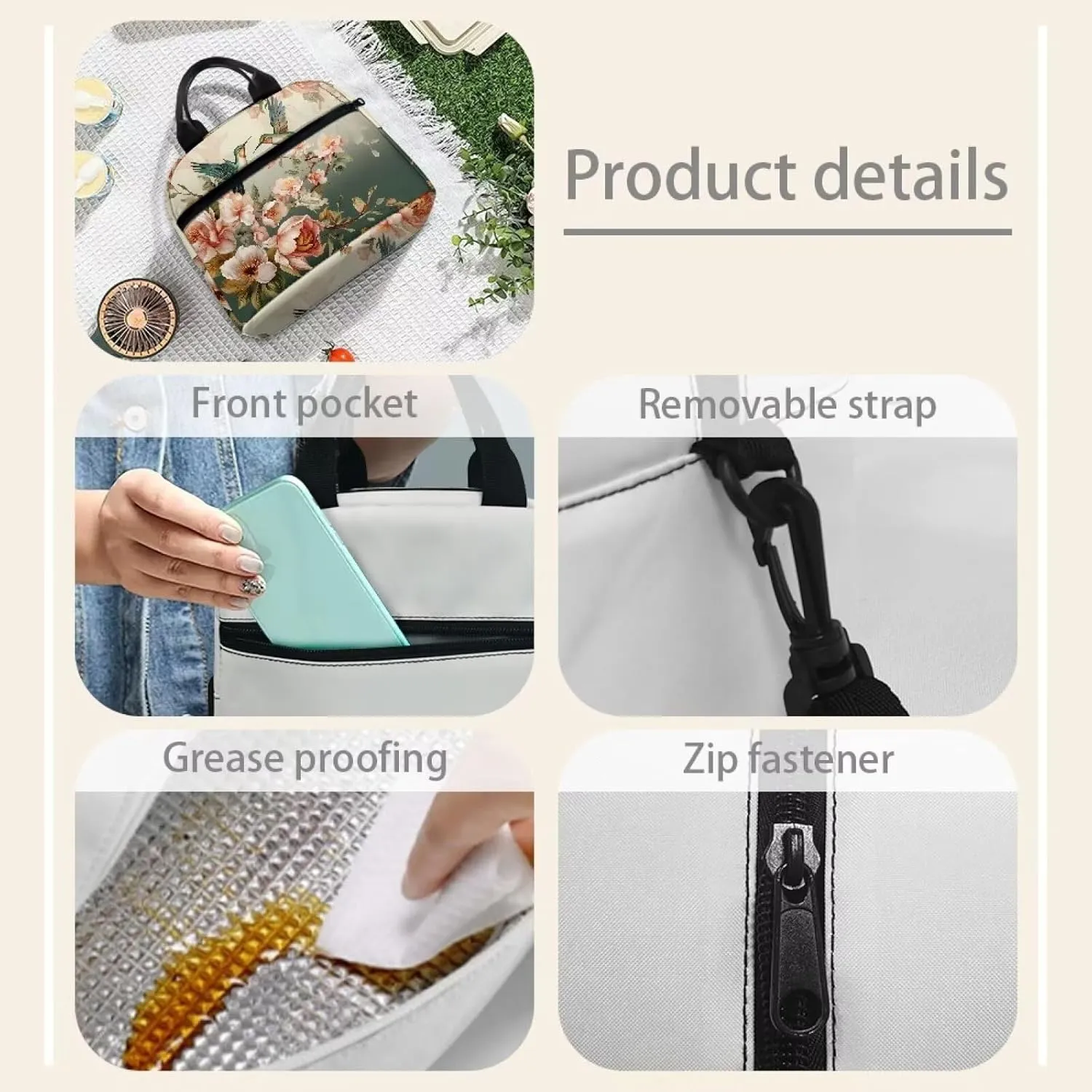 Womens Lunch Bags for Work Small Hibiscus Hummingbird Insulated Lunch Box with Shoulder Strap Leakproof Reusable Lunch Cooler Bag Tote Lunchbox for Women Girls