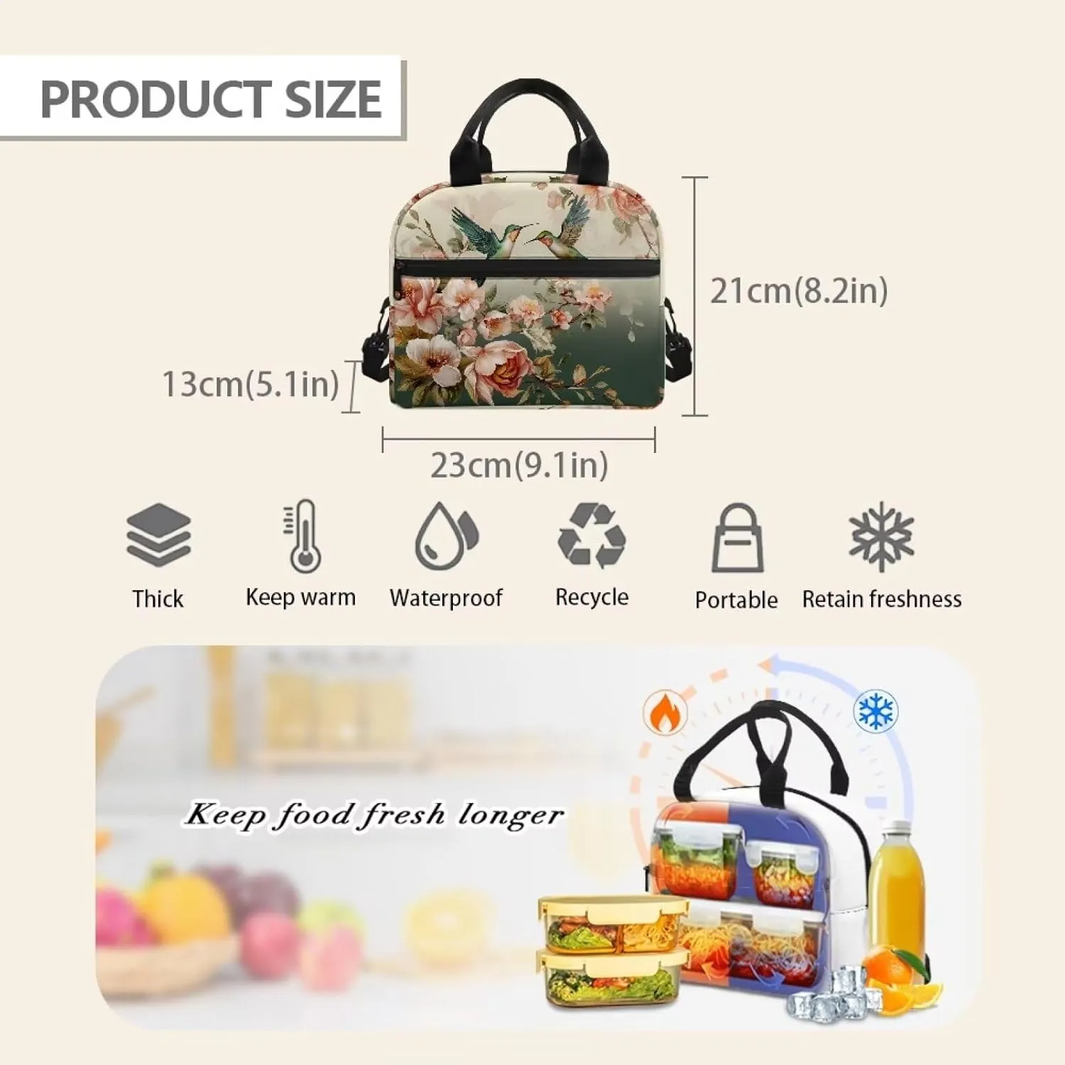 Womens Lunch Bags for Work Small Hibiscus Hummingbird Insulated Lunch Box with Shoulder Strap Leakproof Reusable Lunch Cooler Bag Tote Lunchbox for Women Girls