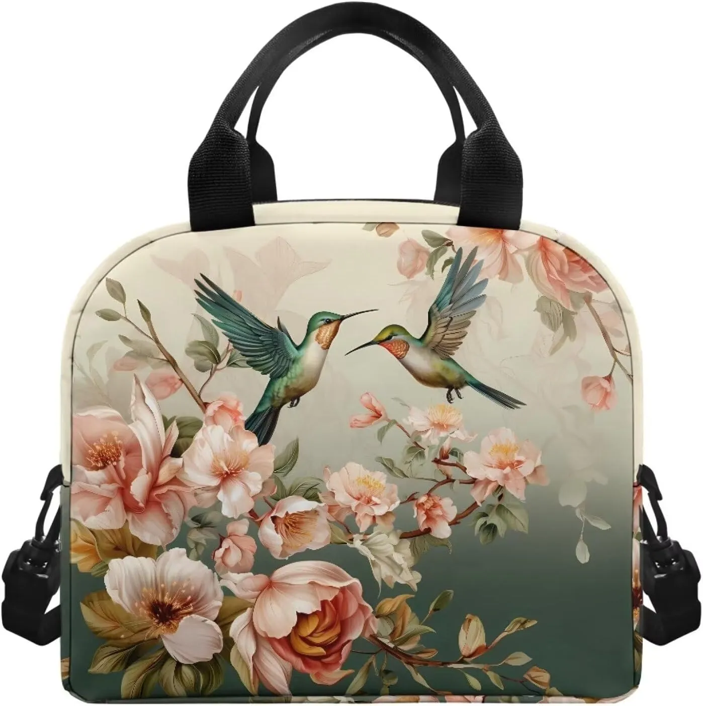 Womens Lunch Bags for Work Small Hibiscus Hummingbird Insulated Lunch Box with Shoulder Strap Leakproof Reusable Lunch Cooler Bag Tote Lunchbox for Women Girls