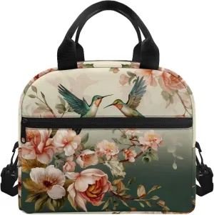 Womens Lunch Bags for Work Small Hibiscus Hummingbird Insulated Lunch Box with Shoulder Strap Leakproof Reusable Lunch Cooler Bag Tote Lunchbox for Women Girls