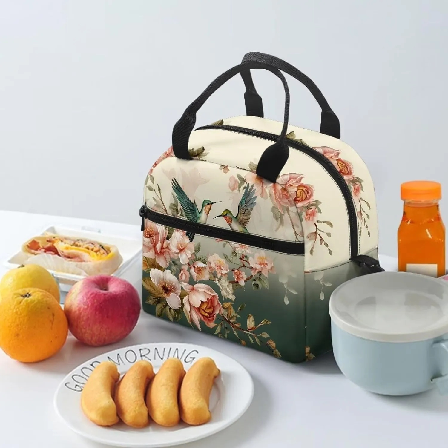 Womens Lunch Bags for Work Small Hibiscus Hummingbird Insulated Lunch Box with Shoulder Strap Leakproof Reusable Lunch Cooler Bag Tote Lunchbox for Women Girls