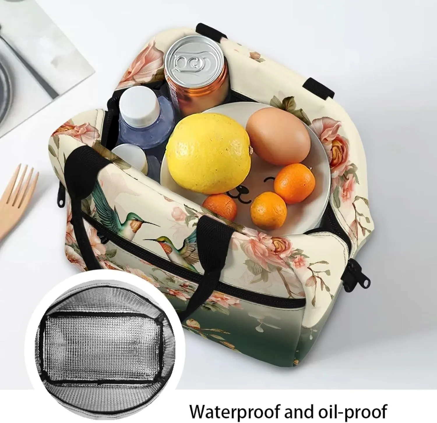 Womens Lunch Bags for Work Small Hibiscus Hummingbird Insulated Lunch Box with Shoulder Strap Leakproof Reusable Lunch Cooler Bag Tote Lunchbox for Women Girls
