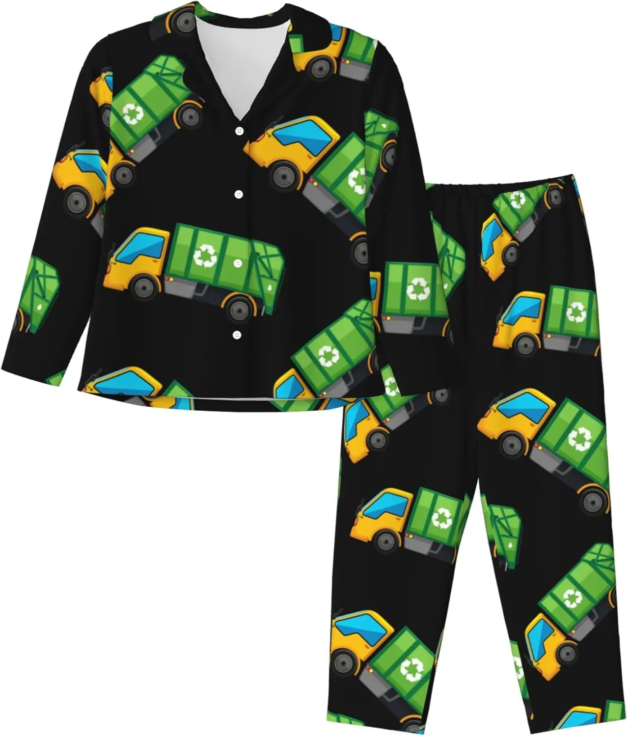 Womens Pajamas Set Long Sleeve Sleepwear Cartoon Garbage Truck Comfy Loungewear S-XXL