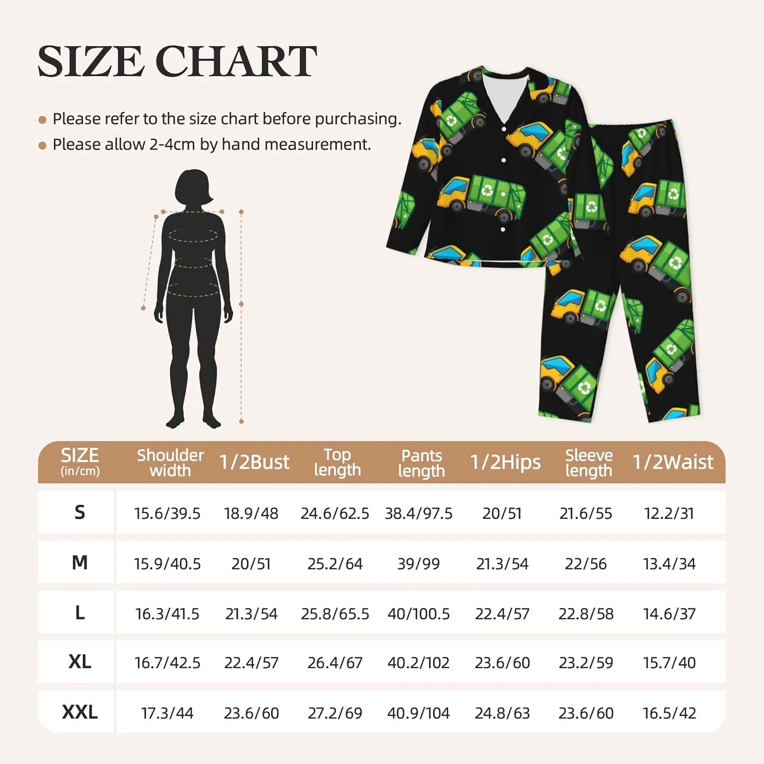 Womens Pajamas Set Long Sleeve Sleepwear Cartoon Garbage Truck Comfy Loungewear S-XXL