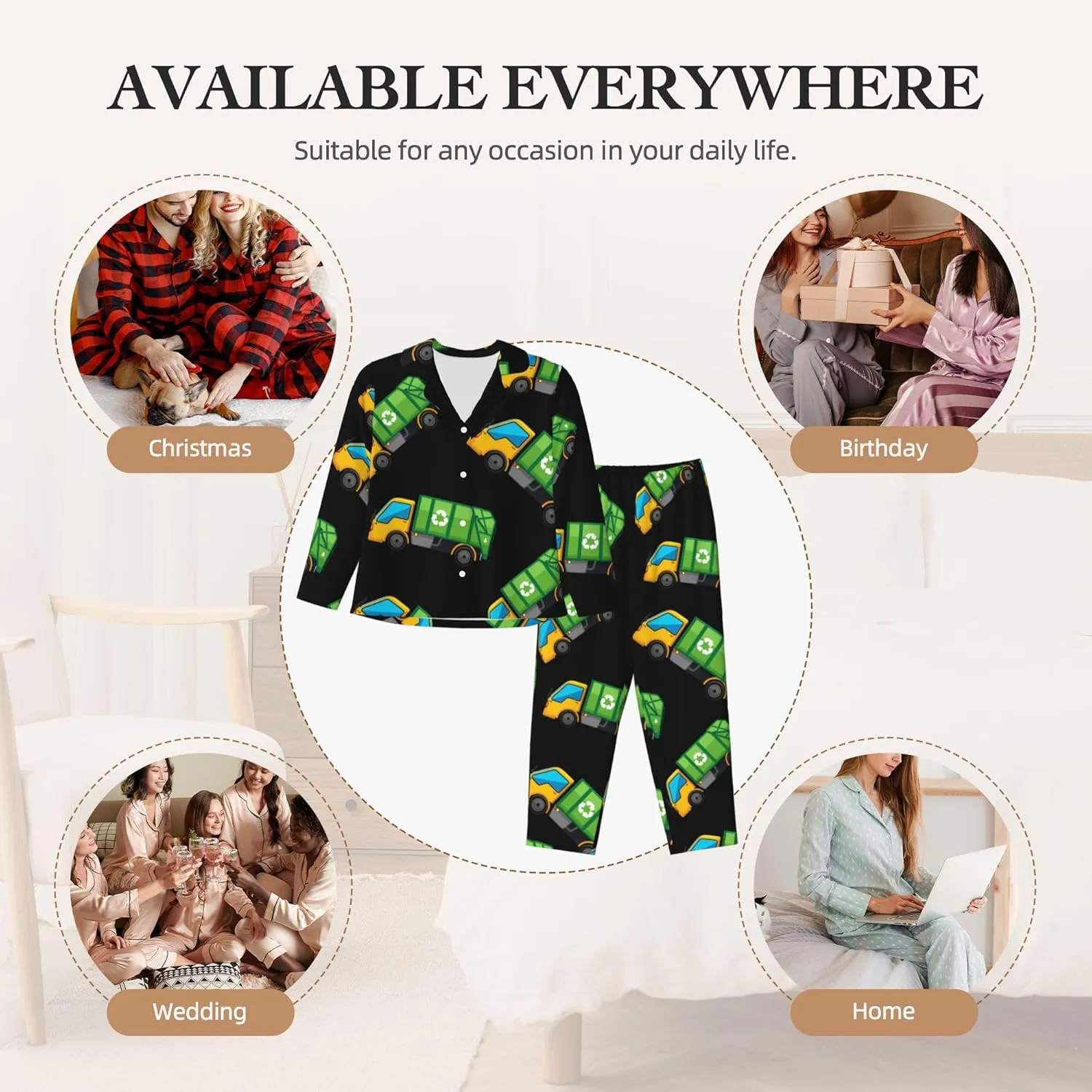 Womens Pajamas Set Long Sleeve Sleepwear Cartoon Garbage Truck Comfy Loungewear S-XXL