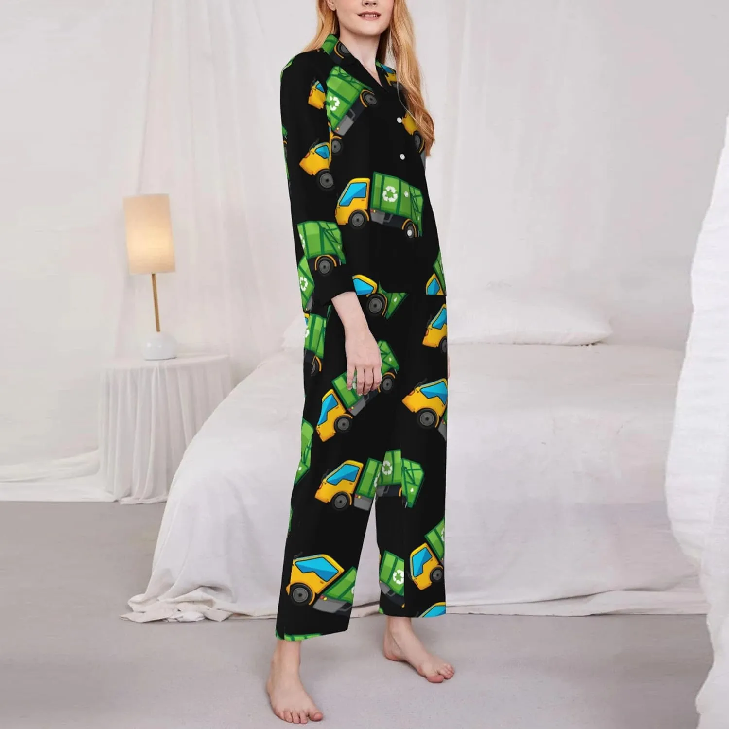 Womens Pajamas Set Long Sleeve Sleepwear Cartoon Garbage Truck Comfy Loungewear S-XXL