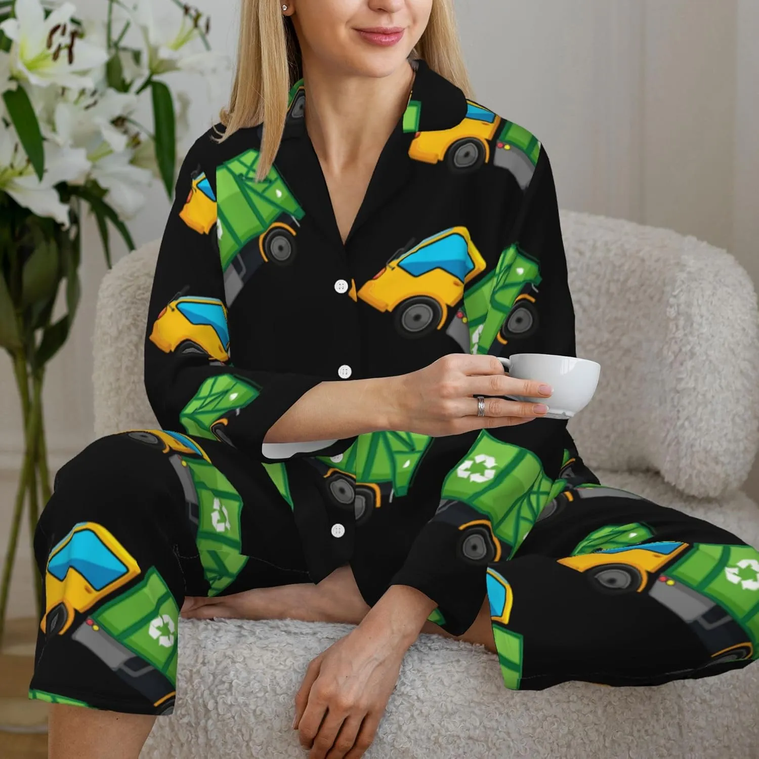 Womens Pajamas Set Long Sleeve Sleepwear Cartoon Garbage Truck Comfy Loungewear S-XXL