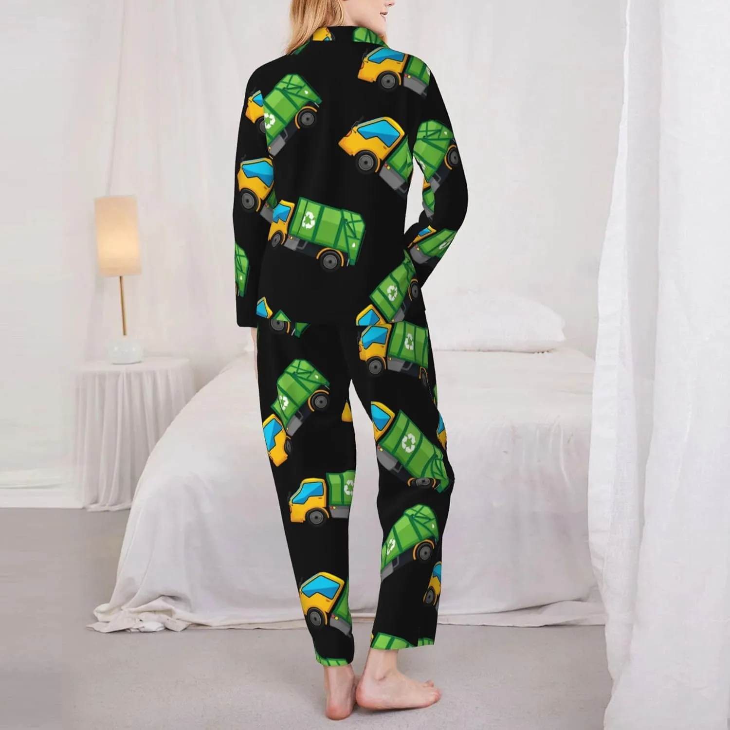Womens Pajamas Set Long Sleeve Sleepwear Cartoon Garbage Truck Comfy Loungewear S-XXL