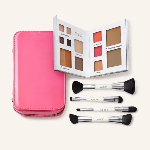 Woosh Beauty, Jetsetter Bundle, Fold out Face Original, Essential Brush Set, Travel Case in Hot Pink, Shade #4 Medium Deep