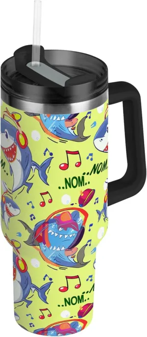 xigua 40 oz Cartoon Sharks Tumbler with Handle and Straw Lid, Stainless Steel Vacuum Insulated Sports Water Bottle, Keeps Cold or Hot Coffee Cup Travel Mug