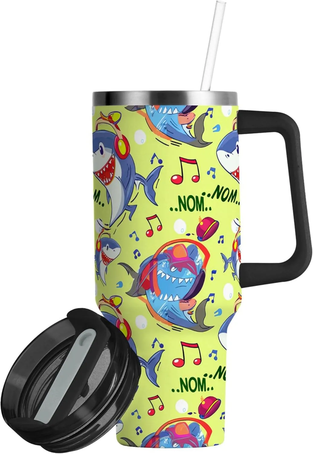 xigua 40 oz Cartoon Sharks Tumbler with Handle and Straw Lid, Stainless Steel Vacuum Insulated Sports Water Bottle, Keeps Cold or Hot Coffee Cup Travel Mug