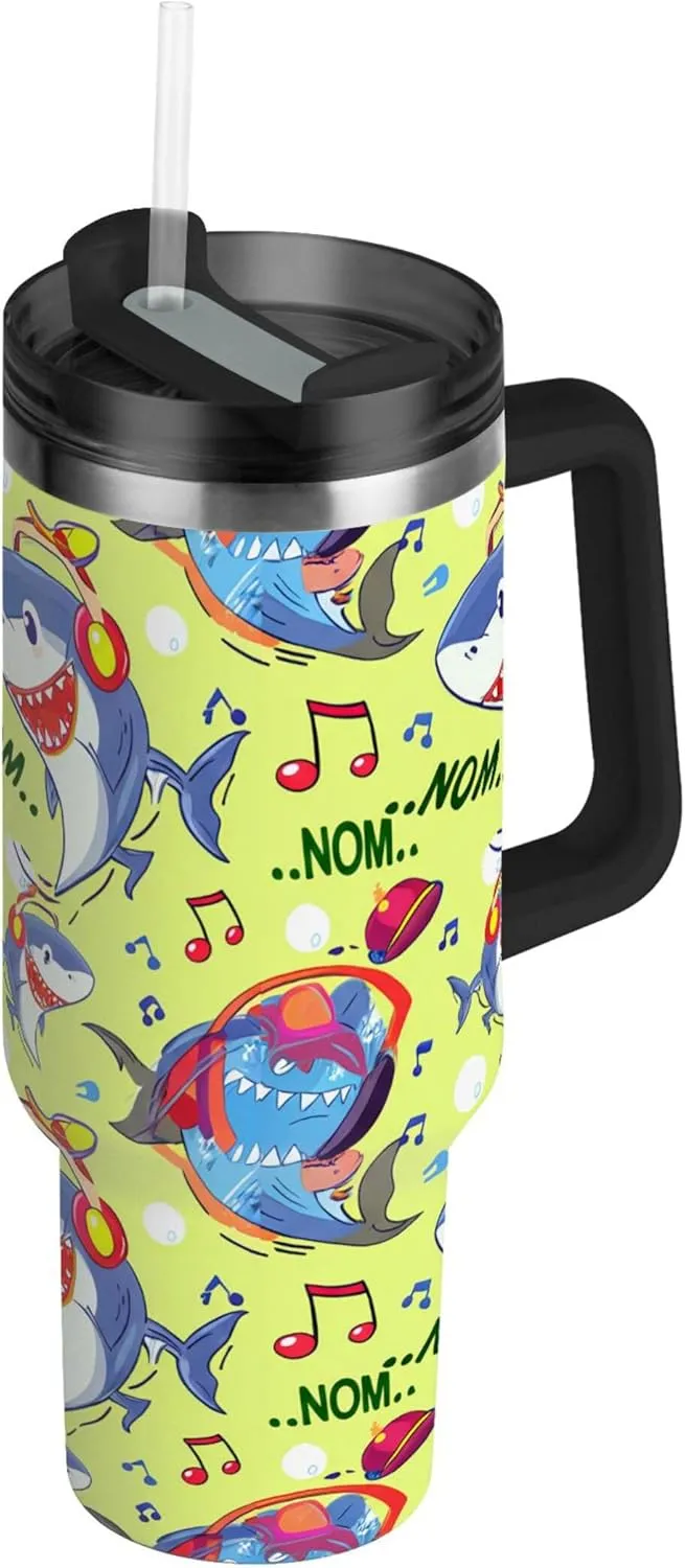 xigua 40 oz Cartoon Sharks Tumbler with Handle and Straw Lid, Stainless Steel Vacuum Insulated Sports Water Bottle, Keeps Cold or Hot Coffee Cup Travel Mug