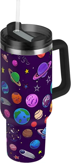 xigua 40 oz Colorful Planets Tumbler with Handle and Straw Lid, Stainless Steel Vacuum Insulated Sports Water Bottle, Keeps Cold or Hot Coffee Cup Travel Mug