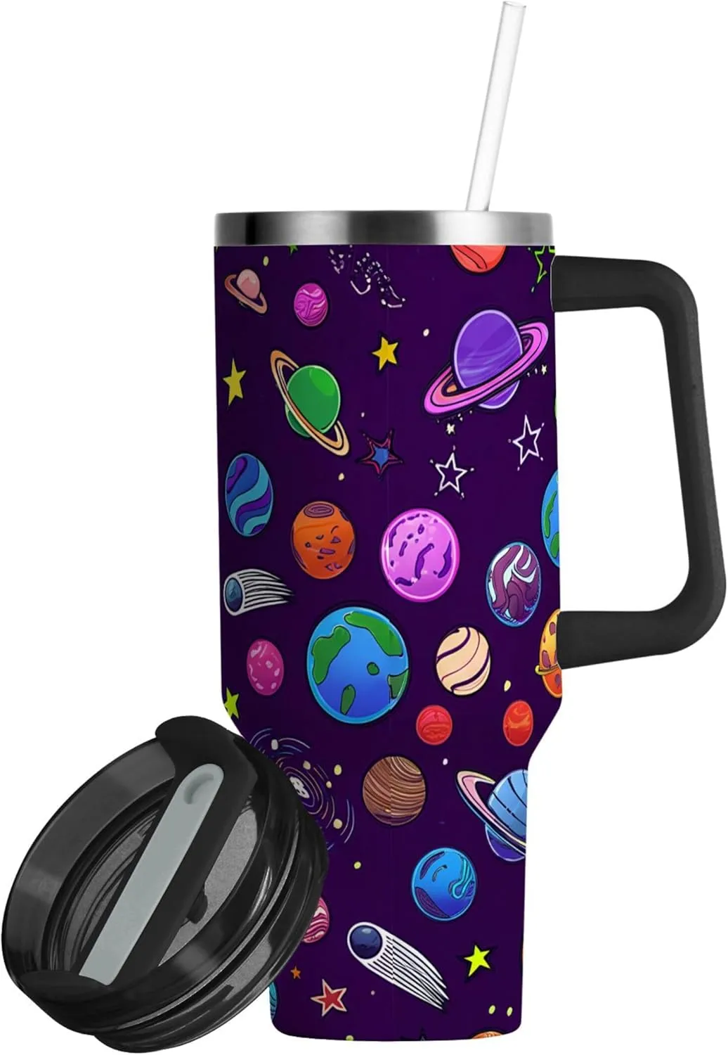 xigua 40 oz Colorful Planets Tumbler with Handle and Straw Lid, Stainless Steel Vacuum Insulated Sports Water Bottle, Keeps Cold or Hot Coffee Cup Travel Mug