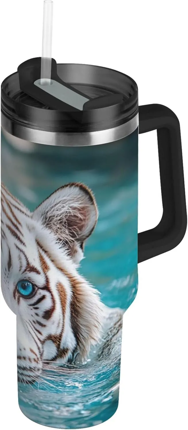 xigua 40 oz White Tiger Tumbler with Handle and Straw Lid, Stainless Steel Vacuum Insulated Sports Water Bottle, Keeps Cold or Hot Coffee Cup Travel Mug