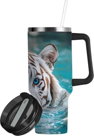 xigua 40 oz White Tiger Tumbler with Handle and Straw Lid, Stainless Steel Vacuum Insulated Sports Water Bottle, Keeps Cold or Hot Coffee Cup Travel Mug