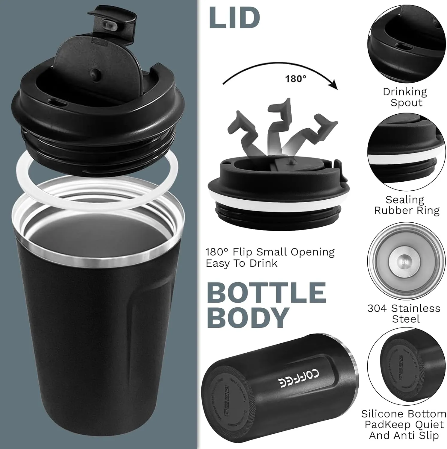 YINBAOGE Insulated Travel Coffee Mug Spill Proof Leak Proof Pobtable To Go Camping Stainless Steel Coffee Tumbler Reusable Coffee Cups with Lids Thermos for Hot and Cold Drink (2nd-Black, 17 OZ)
