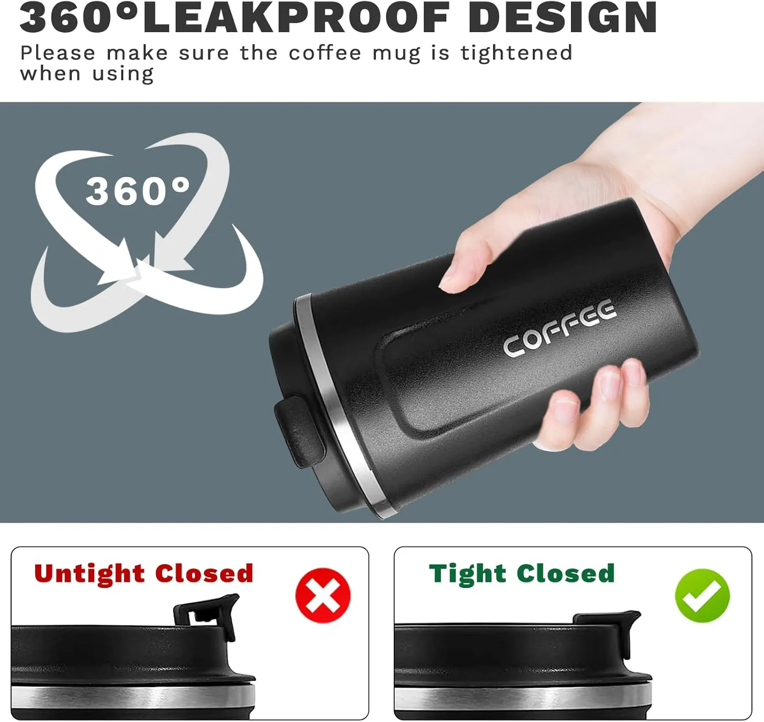 YINBAOGE Insulated Travel Coffee Mug Spill Proof Leak Proof Pobtable To Go Camping Stainless Steel Coffee Tumbler Reusable Coffee Cups with Lids Thermos for Hot and Cold Drink (2nd-Black, 17 OZ)