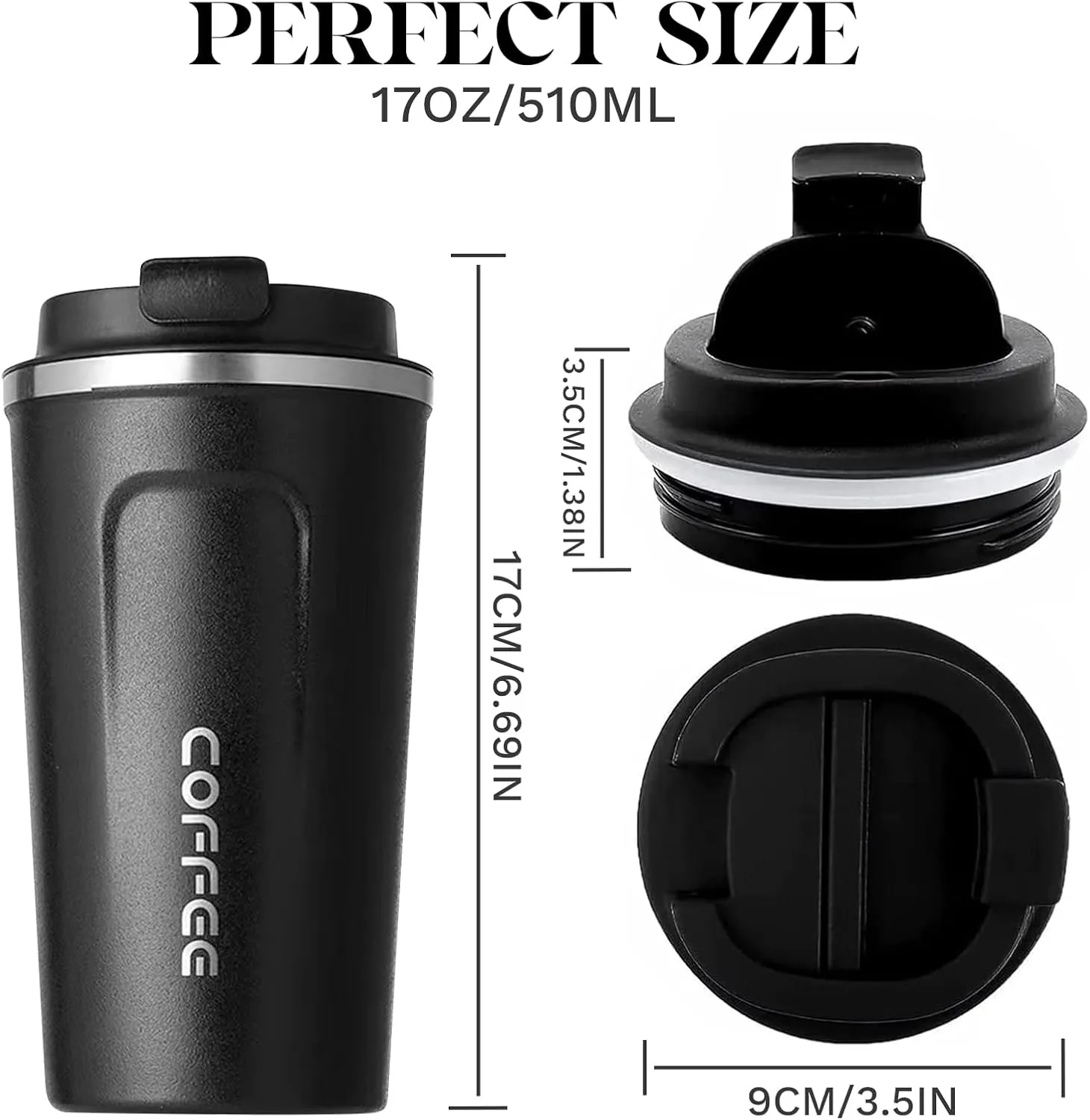 YINBAOGE Insulated Travel Coffee Mug Spill Proof Leak Proof Pobtable To Go Camping Stainless Steel Coffee Tumbler Reusable Coffee Cups with Lids Thermos for Hot and Cold Drink (2nd-Black, 17 OZ)