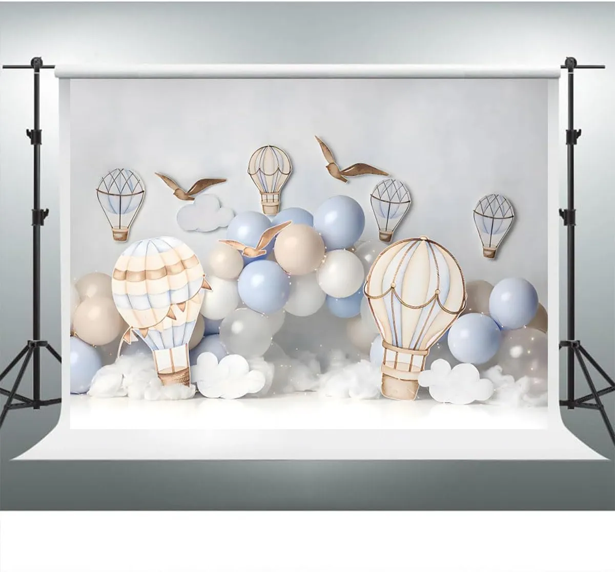 YongFoto Hot Air Balloon Backdrop 7x5ft Seagulls Clouds Sky Travel Adventure Flying Tour Photography Background Landing Soon Baby Shower First Trip 1st Birthday Party Banner Portraits Photoshoot