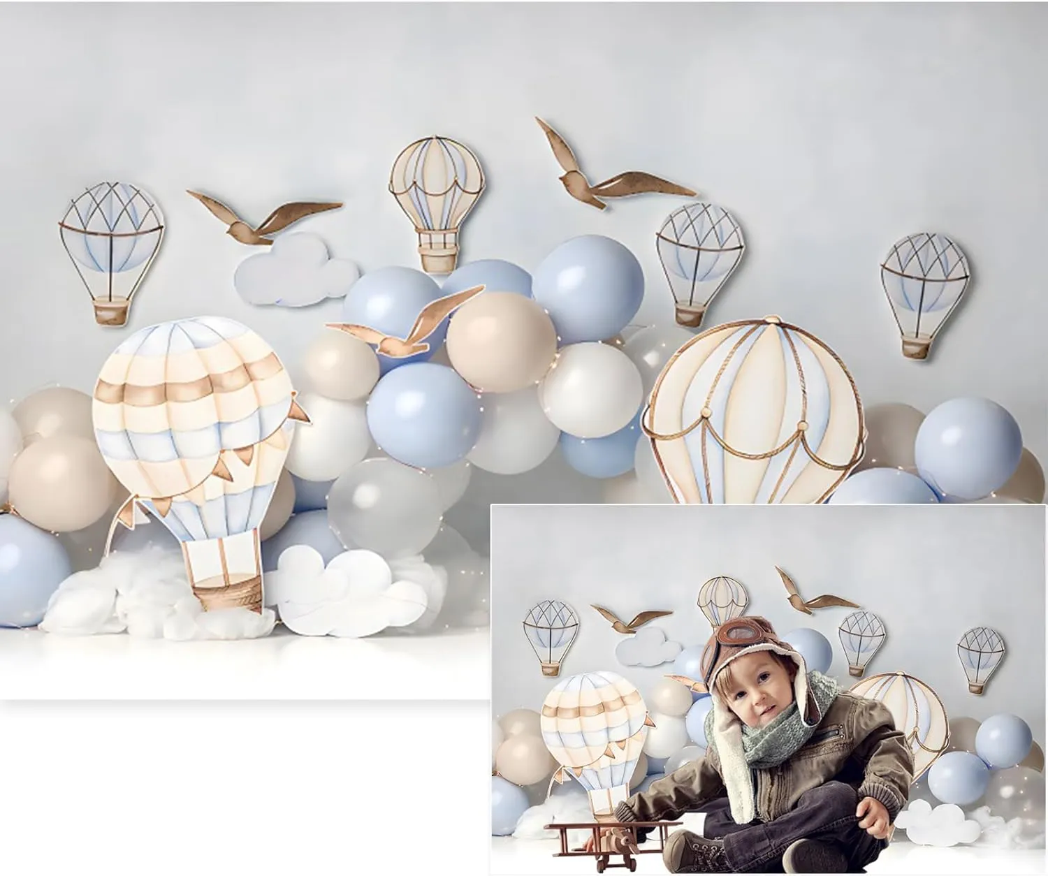 YongFoto Hot Air Balloon Backdrop 7x5ft Seagulls Clouds Sky Travel Adventure Flying Tour Photography Background Landing Soon Baby Shower First Trip 1st Birthday Party Banner Portraits Photoshoot