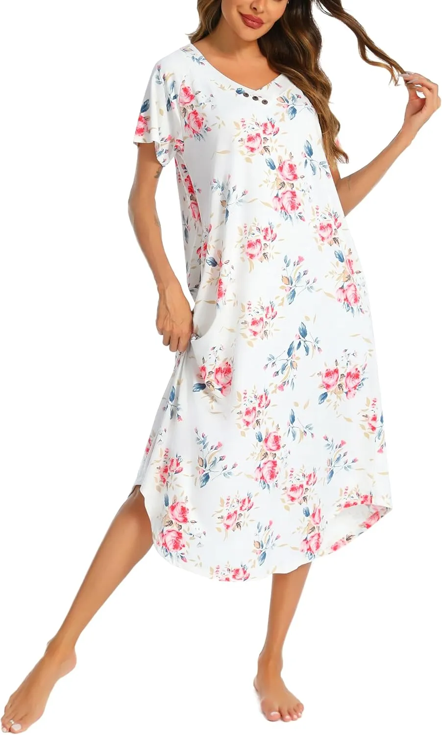YOZLY Nightgowns for Women Short Sleeve Long Night Gowns Soft V Neck Sleepwear with Pockets