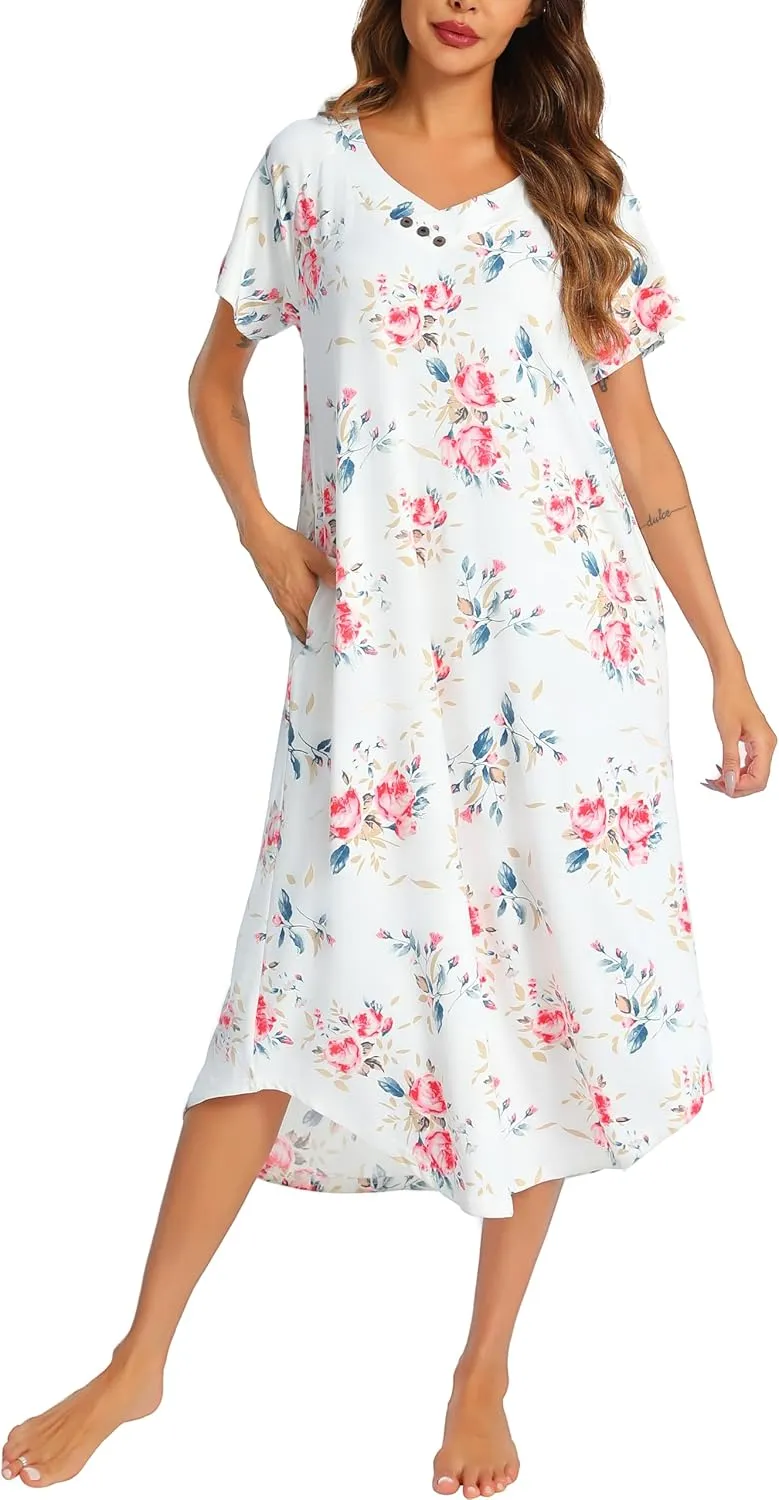 YOZLY Nightgowns for Women Short Sleeve Long Night Gowns Soft V Neck Sleepwear with Pockets